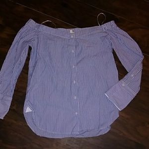 Off the shoulder 3/4 sleeve pin stripe button down